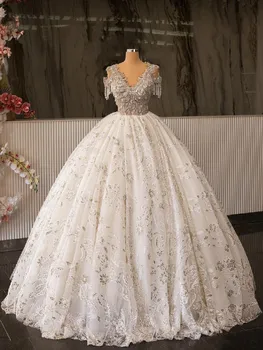 LuxuryBall Vestido de Vestidos de Noiva sem Mangas, Decote em V Correias Apliques de Lantejoulas 3D Rendas Grânulos de Diamantes Lace-up Plus Size Vestidos de Noiva