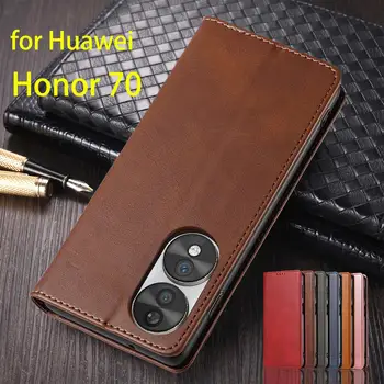 Capa de couro para o Huawei Honor 70 / Honor70 Flip Caso do Titular do Cartão de Cinturão Magnético de Atração de Cobertura da Carteira Fundas Coque