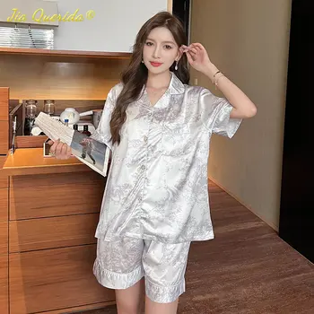 SUKAE Verão de Gelo Seda Conjuntos de Pijamas para Mulheres Elegantes Quimono Pijamas de Lazer Mangas Curtas Pijamas de Seda Legal Homsuits para a Menina