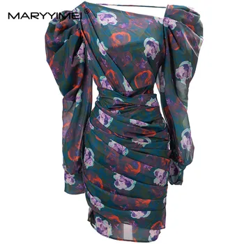 MARYYIMEI Designer de Moda Primavera vestido das Mulheres Diagonal gola Puff Manga Ruched Impressão sexy Pacote de Vestidos de quadril