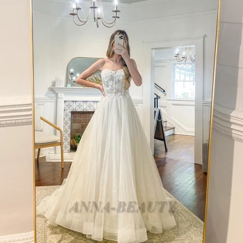 Anna Fantasia Brilhante Tule Vestidos De Noiva Para Noiva Apliques Sem Mangas Zíper Tribunal De Trem Robe De Soirée De Mariage Personalizado