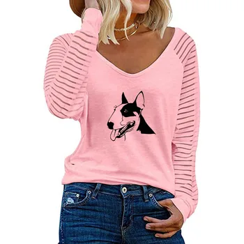 Bull Terrier um Cão de cabeça Cartoon Print T-shirt Solta Mulheres Faixa de Manga Longa Camiseta Amante do Animal de Presente de Primavera Outono Casual Tops