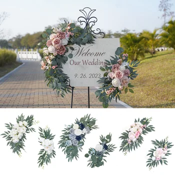 1 Par Artificiais para Casamento Arco de Flores Kit Boho Dusty Rose Azul Eucalipto Garland conjunto de Cortinas para Decoração de Casamento Sinal de boas-Vindas