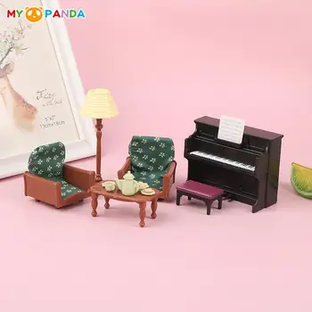 1Set 1:12 Casa de bonecas Mini Sala de estar com Piano Sofá-Candeeiro de Mesa de Chá de Sobremesa de Móveis em Miniatura de Cena Acessório Modelo DIY Decoração