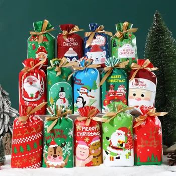 10pcs Santa Sacola de brindes, Sacola para Doces Nítidas Saco Saco de Drawstring Feliz Decorações para Árvores de Natal para a Casa Nova Ano de 2024, Navidad 2023