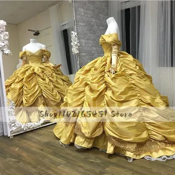 Ouro Vestidos de Quinceanera 2023 Off Ombro Gótico Lace-up Princesa Vestidos de Festa Babados Saia Sweet 16 Vestidos de vestidos