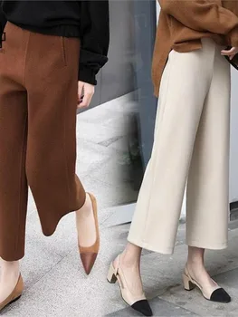 Lã de Grande perna de Calça Nova de Cintura Alta Solto e Casual Reta Calças de Lã Cortada Calças de Mulher Moda Calça