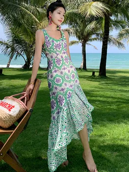 SMTHMA Nova Moda de Verão Ocos Bordado Vestido de Mulher de Espaguete fita para O Pescoço Assimétrico Pista Vestidos Longos Vestidos