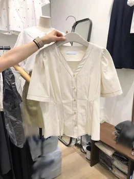 2023 coreano Chique de Verão de Mulheres Camisas Novas V-pescoço Sólido e Versátil Simples Solta Short Sleeve Top de Verão Roupa das Mulheres Blusa