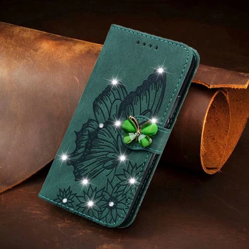 Glitter em Couro Flip Carteira de Telefone de Caso Para o iPhone 14 13 12 Pro Max 11 XR XS X 6 7 8 Mais SE Volta de 2020 Borboleta Bling Capa do Livro