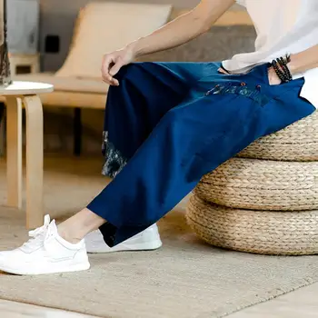 Mid-rise Cintura Elástica com Cordão Largas Calças de Bolsos Fina Homens Retro Impressão Harém Calças Cropped Diário de Vestuário
