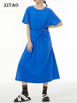 XITAO Ocos de Retalhos Feminino Vestido Solto de Moda Casual Mulheres T-shirt Dress 2023 Verão de Cor Sólida Simplicidade Novo WLD11144