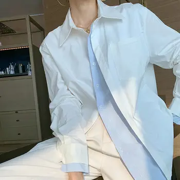 Falsos Duas Peças de Camisas da Mulher Sentido de Concepção Xiaozhong Fu Gugang Estilo de Comprimento Médio Costura Distribuído Manga Longa Camisa Branca Camisa