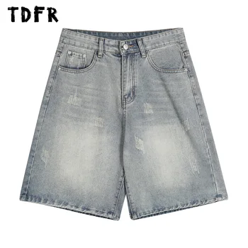 Zero Denim de Mens de Shorts de Verão Retrô Casual Lavado Angustiado de Perna Larga do Joelho-comprimento Curto calças de Brim dos Homens