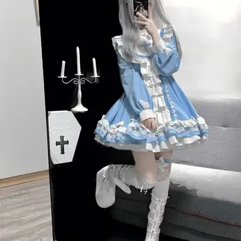 A azul e a Branca de retalhos Vestido de Princesa Meninas de Harajuku Tea Party Mini vestido Gothic Lolita OP vestido de mulher osmanso arco topetinho