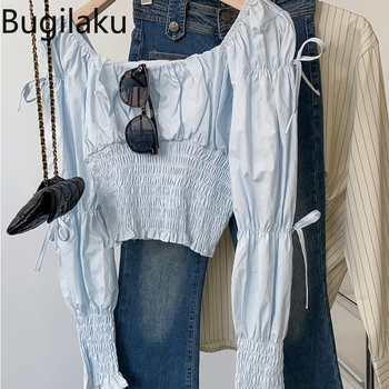 Bugilaku Praça Gola Manga Longa Blusa Mulheres de Cor Sólida Dobras Cintura fina Camisas Femininas Doce Suave de Todos-jogo Blusas Mujer