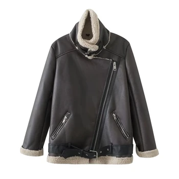 2023 mulher nova lapela de manga comprida pele de um marrom motocicleta terno de todos-jogo de moda zipper jaqueta casaco
