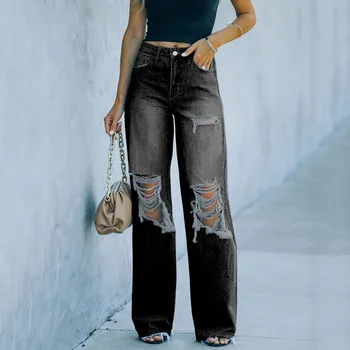 Calças de Brim de Bolso Elástico na Cintura Buraco Mulheres de Jeans de Alta Slim Botão Calças calças de Brim das Mulheres do Sino Inferior Calças Para as Mulheres Japonês