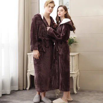 Inverno De Flanela Com Capuz Casal Veste Kimono Longo Roupão Vestido De Pijamas Engrossado Quente Coral De Lã De Dormir Solta Casa Desgaste