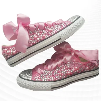 Moda artesanal personalizado cor-de-rosa pérola strass design sentimento de fita confortável pai-filho placa de sapatos