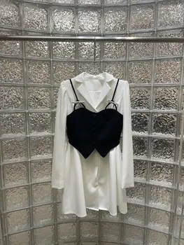 Início do outono de luz de novo luxo, de duas peças retrô preto e terno branco de cintura inchado manga do vestido