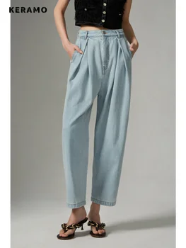 O coreano Estilo Streetwear Azul Reta Vintage Cintura Alta Jeans, Calças de Mulheres de Perna Larga Folgado Y2K Comprimento Total Denim, Calças