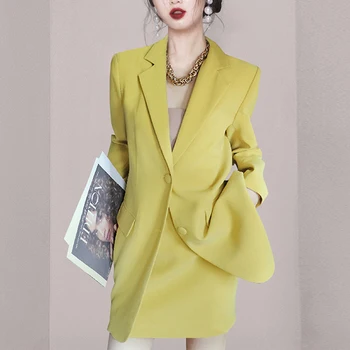 Mulheres de primavera do Outono jaqueta de 2023 Moda Breasted Único Slim Fit Blazer Casaco Vintage Bolsos do Vestuário Feminino +Mini Saia Terno