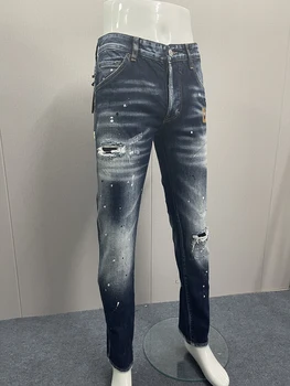 2023 Primavera/Verão Nova Moda dos Homens Lavar e usar Patches Versátil Micro Elástico de Ajuste Fino Azul Jeans para Homens