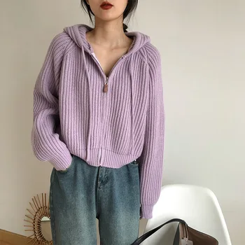 Simples, Casual Cor Sólida Zíper Tricô Coreano Moda Cor-De-Rosa Com Capuz Com Cordão Solto Feminino Suéter De Mulheres Cardigan