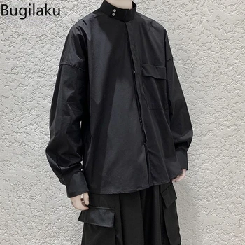 Bugilaku de Primavera e outono, camisas de mangas compridas com um senso de nicho design para homens de babados e bonito tops