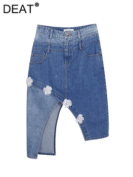 DEAT de Mulheres de Saia Jeans de Cintura Alta Irregular de Retalhos Flores Brancas Dividir Uma linha Azul Saias 2023 Outono, Moda de Nova 29L3304
