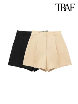TRÁFICO de Mulheres Moda Bolsos Laterais Frente Plissado Shorts Vintage Cintura Alta com Zíper Voar Feminino Curto Calças de Mulher