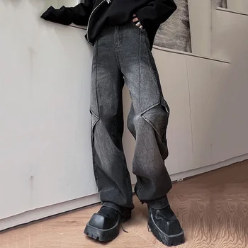 SYUHGFA Homens Baggy Jeans com Retalhos de Lace-up Jean Calças Desgastadas Macho Reto Calças Vintage Denim, Calças de 2023 Novo Chique