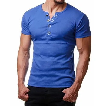 Novos Esportes De Verão T-Shirts Para Os Homens Casual Cor Sólida Topo Camisa Gola V Blusa Sólido Manga Raglan Botão Tops Blusa T-Shirt