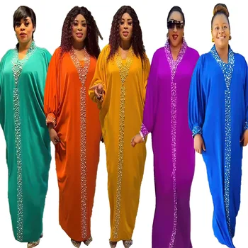Elegante Africano Plus Size Vestidos Para Mulheres 2023 Africana de Manga Longa com decote em V Festa a Noite de Natal Vestido de Vestuário Africano