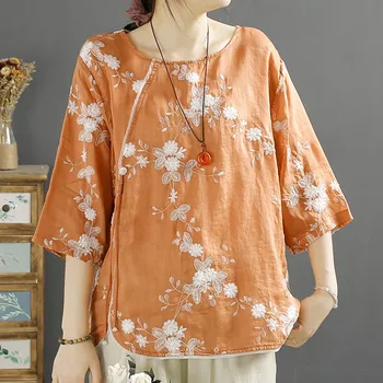2023 Artes de Verão Estilo as Mulheres de Meia Manga Solta Camiseta Femme Tops Vintage Bordado Floral de algodão, de linho S-T-shirt com decote P36