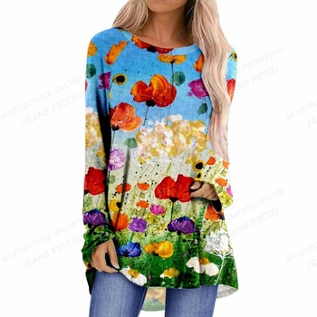 As Plantas de flor de T-shirt Pintura 3d Camiseta Impressa Mulheres da Moda de T-shirts Solta Longo Tops Tees Meninas T-shirt de Verão 2023