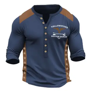 Vintage T-Shirt Para Homens Henley Camisa De Cowboy Gráfico Roupas Oversized V-Pescoço Pulôver De Streetwear Homens Outono-Inverno De Vestuário 2023