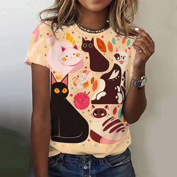 Retro Mulheres T-shirt Anime Gato Padrão de Meninas, Roupa de Verão, O Decote Manga Curta T-shirt das Mulheres Harajuku Rua Roupas Topo