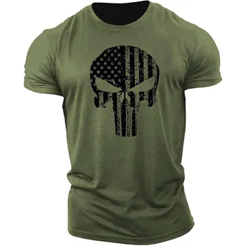 Man em 3D do Crânio Impresso T-shirt, Casual Manga Curta blusa de Moletom, Secagem Rápida no Verão, Verde Militar Roupas de tamanho grande 6XL2023