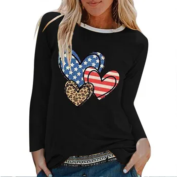 Seeyoushy Amor Bandeira Americana Imprimir Y2K Tendência Estética do Vestuário Casual Férias de Mulheres Superior O-Pescoço Longo da Luva T-shirt de 90 Topo