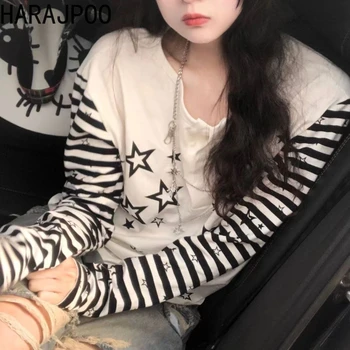 Harajpoo Subcultural Japonês Millennium Estilo Y2K Punk 2023 Verão as Mulheres Irregular Faixa de Emenda de fio Fino Solto Versátil T-shirt