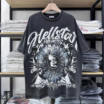 Versátil Lavável Hellstar Resumo de Carta de Alta Qualidade, T-shirt Vintage Homens e Mulheres Extra Grande Gola Redonda, Manga Curta