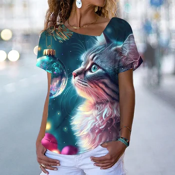 Mulheres de Topo da T-shirt 2023 Verão de Novo 3D Gato Bonito de Impressão Superior T-shirt Casual Rua com decote em V T-shirt da Moda das Mulheres Pulôver Y2K