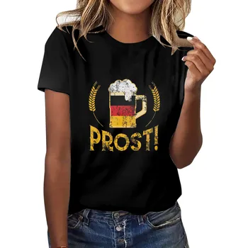 Mulheres, Cerveja alemã Oktoberfest, Tradicional da Baviera Nacional de Vestido de Impressão Casual Solta Gola Redonda, Manga Curta Crop Top Mulher
