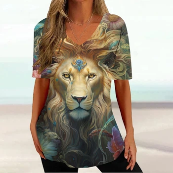 Moda das Mulheres T-Shirt de Verão Animal Selvagem Tees Para Senhoras Quente Diário Simples Tops com Decote em V Solta Feminino Casual e Roupas de Streetwear