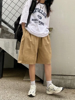 Harajuku Oversize Cáqui Carga Shorts Mulheres Japonês Estilo Streetwear Ampla Perna Até O Joelho, Calças De Hippie, Calça Preta