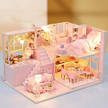 DIY de Madeira, Casas de Boneca Princesa Casa em Miniatura Construção de Kits com Móveis de Diodo emissor de Casa de bonecas para as Meninas Presentes de Aniversário