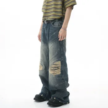 2023 nova moda vintage azul de Perna Larga calças de brim do denim, calças de Hip Hop Buraco de design de moda Jeans
