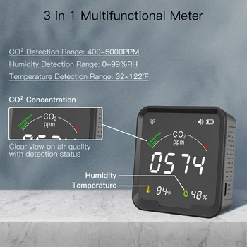 Wi-fi Tuya Inteligente de CO2 Detector 3 em 1 de Dióxido de Carbono Detector de Qualidade do Ar Monitor de Temperatura e Umidade do Ar Testador com Despertador